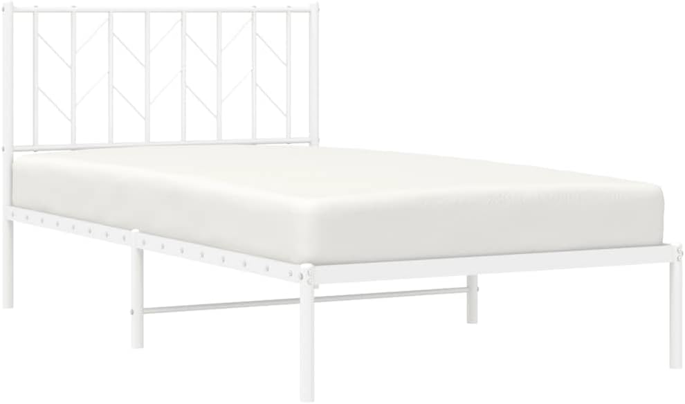 White Steel Single Bed Frame with Headboard Twin Size Metal Bed Frame Rectangular for Bedroom Sturdy Construction Sleek Finish Easy Assembly