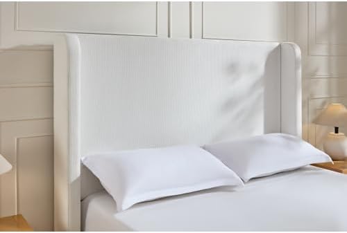 Queen Size Bed Frame with Headboard,54' Headboard Chenille Upholstered Platform Bed,Bedroom Furniture Sets No Springs Required,Metal Bed Frame with Wooden Slats for Strong Support,Cream White