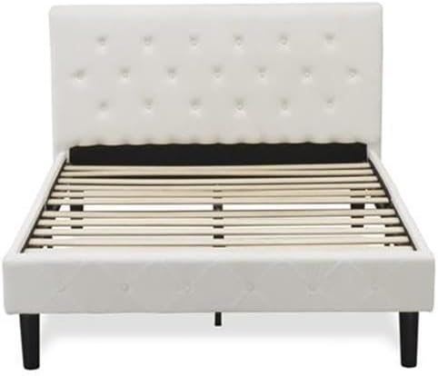 East West Furniture NL19F-1GO13 2 Piece Full Bed Set - Button Tufted Bed Frame - Linen white Velvet Fabric Upholstered Headboard and a Burgundy Finish Nightstand