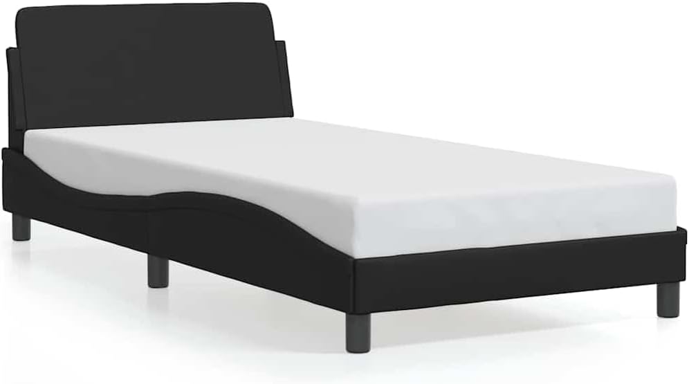Modern Twin Bed Frame with Headboard in Black Faux Leather, Engineered Wood and Metal Construction, Featuring Hidden Storage Compartment for Organization and Durable Sleek