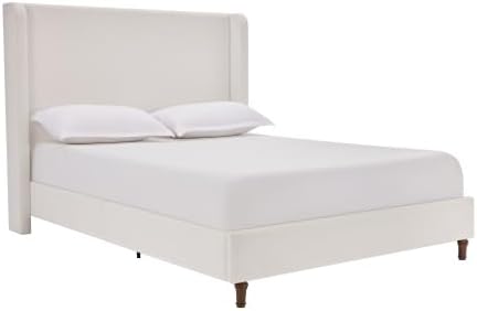 Queen Size Bed Frame with Headboard,54' Headboard Chenille Upholstered Platform Bed,Bedroom Furniture Sets No Springs Required,Metal Bed Frame with Wooden Slats for Strong Support,Cream White