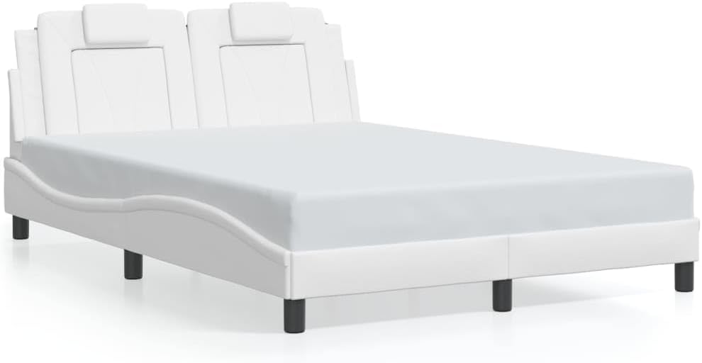 Viana Faux Leather Bed Frame with Headboard, White, Full Size 53.9'x74.8', Durable Upholstered Platform Bedframe for Bedroom Furniture Set