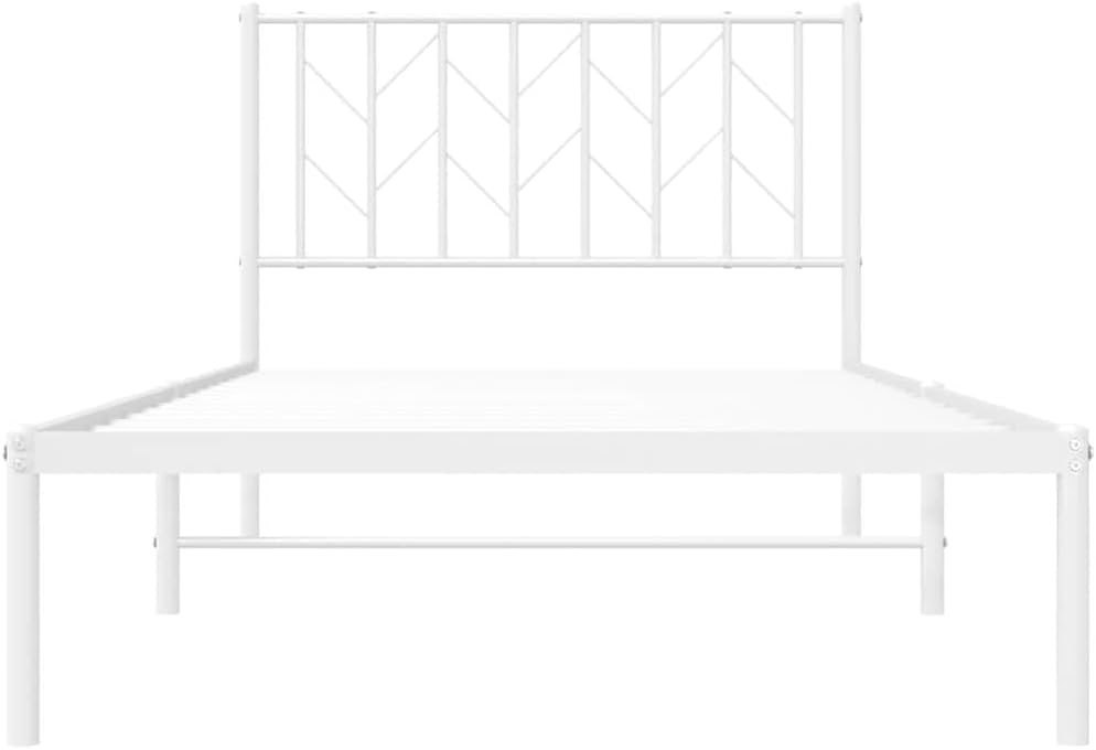 White Steel Single Bed Frame with Headboard Twin Size Metal Bed Frame Rectangular for Bedroom Sturdy Construction Sleek Finish Easy Assembly