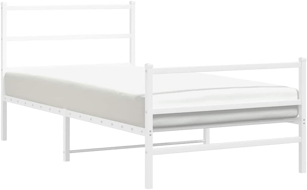 White Steel Twin Bed Frame with Headboard and Footboard, Modern Rectangular Design for Adults and Guests, Sturdy Powder-Coated Metal Construction, Ample Underbed Storage