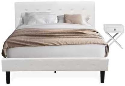 HomeStock African Artistry 2 Piece Bedroom Set - Button Tufted Platform Bed Frame - Velvet Fabric Upholstered Headboard and A Nightstand Queen/Linen White/White