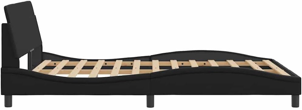 Modern Double Bed Frame with Upholstered Headboard and Underbed Storage, Black Faux Leather, 4-Piece Set for Bedroom Furniture and Home Decor