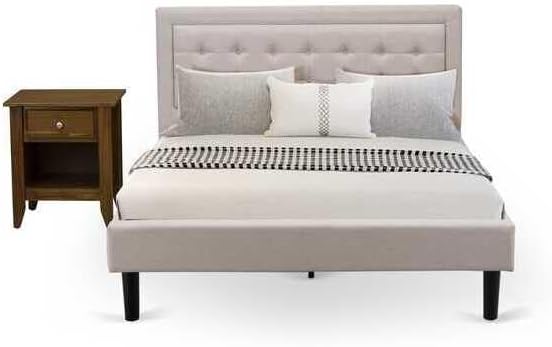 HomeStock Southwestern Sanctuary 2 Piece Platform Bedroom Set with 1 Wood Bed Frame and a Mid Century Modern Nightstand Reliable and Mist Beige Linen Fabric Queen/Antique Walnut