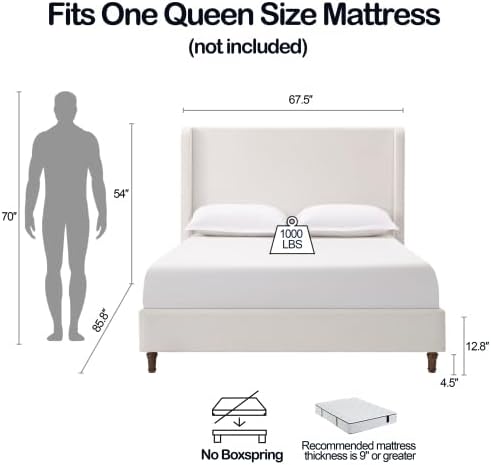 Queen Size Bed Frame with Headboard,54' Headboard Chenille Upholstered Platform Bed,Bedroom Furniture Sets No Springs Required,Metal Bed Frame with Wooden Slats for Strong Support,Cream White