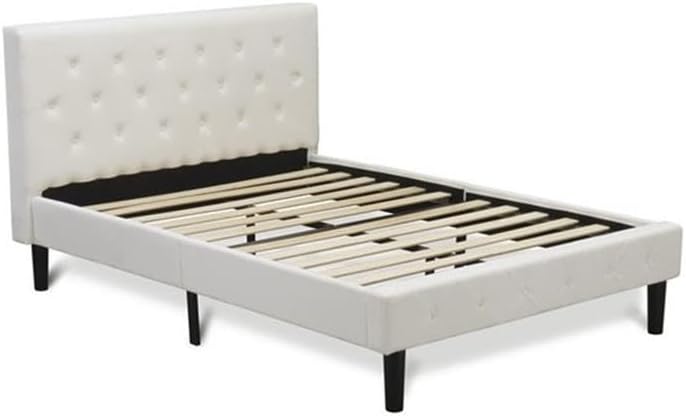 East West Furniture NL19F-1GO13 2 Piece Full Bed Set - Button Tufted Bed Frame - Linen white Velvet Fabric Upholstered Headboard and a Burgundy Finish Nightstand