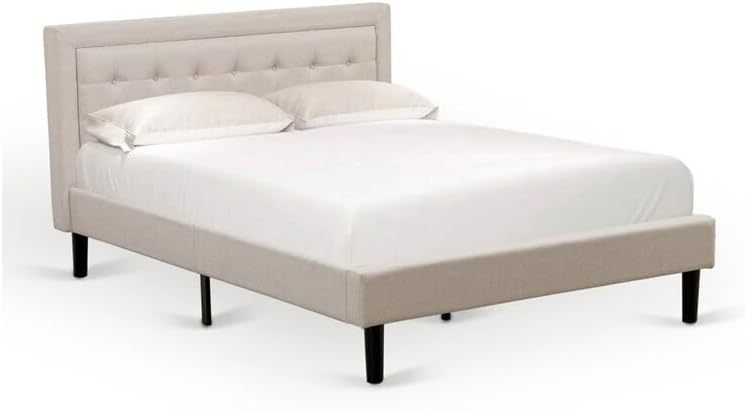 HomeStock Southwestern Sanctuary 2 Piece Platform Bedroom Set with 1 Wood Bed Frame and a Mid Century Modern Nightstand Reliable and Mist Beige Linen Fabric White/Queen