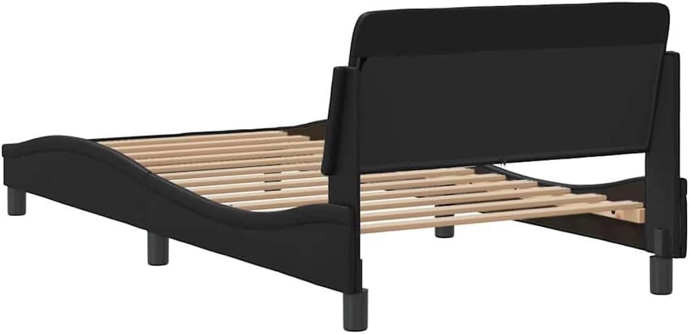 Modern Twin Bed Frame with Headboard in Black Faux Leather, Engineered Wood and Metal Construction, Featuring Hidden Storage Compartment for Organization and Durable Sleek