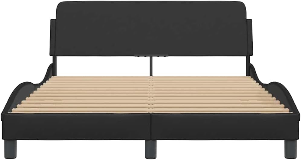 Modern Double Bed Frame with Upholstered Headboard and Underbed Storage, Black Faux Leather, 4-Piece Set for Bedroom Furniture and Home Decor