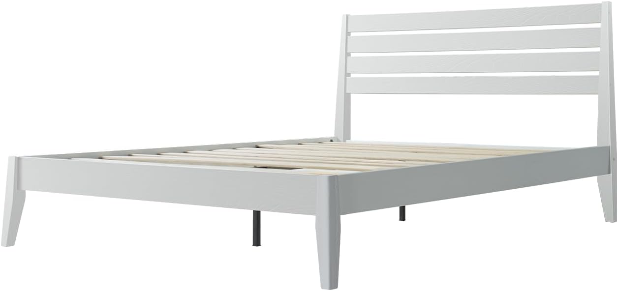 Full Size Solid Wood Platform Bed Frame with Headboard and Footboard, 12 Sturdy Slats, Center Metal Legs, Easy Assembly, No Box Spring Needed, Anti-Noise & Slip-Free Design, Pure White Finish. RKF-39