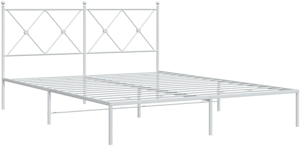 Metal Bed Frame with Headboard Queen Size White Steel Platform Bedframe No Mattress Needed Underbed Storage Space Sturdy Bed Base for Bedroom Furniture