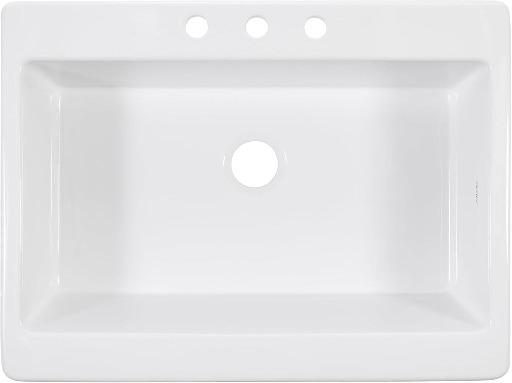 Sinkology Parker 34 Inch White Fireclay Quick-Fit Drop-In Kitchen Sink (Crisp White – 3 Hole, 34 Inch Single Bowl)