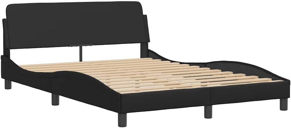 Modern Double Bed Frame with Upholstered Headboard and Underbed Storage, Black Faux Leather, 4-Piece Set for Bedroom Furniture and Home Decor