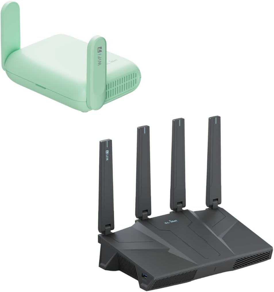 GL.iNet GL-MT3600BE (Beryl 7) Portable Travel Router & GL.iNet GL-BE6500 (Flint 3e) WiFi 7 Router