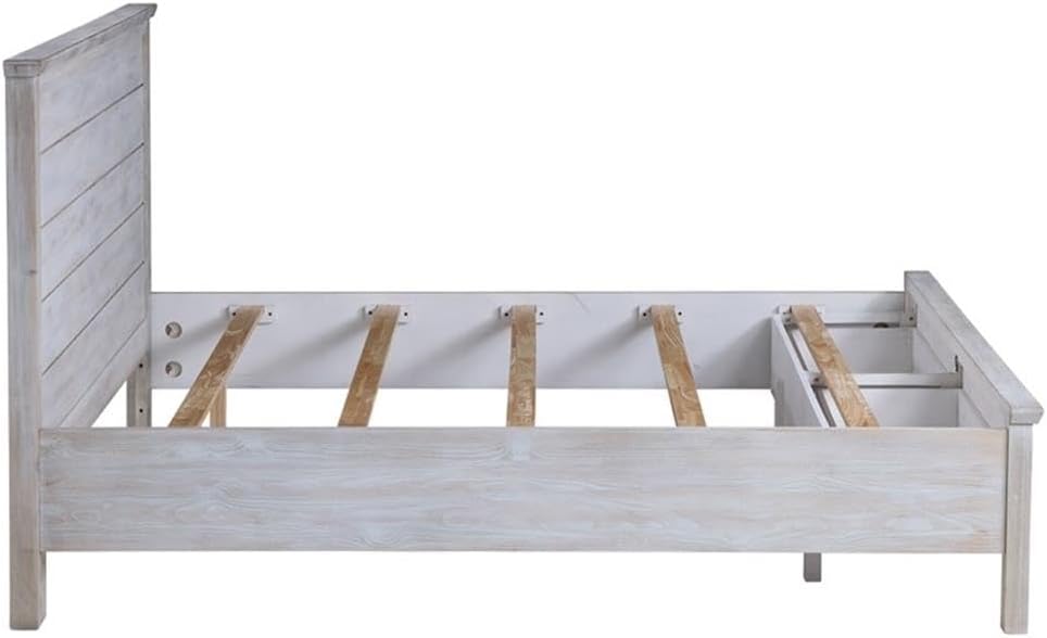Pemberly Row Solid Wood Queen Storage Bed, Distressed Grey White Finish, Durable Constructed Spruce Frame, Rustic Transitional Design, Bedroom Furniture with Storage Footboard