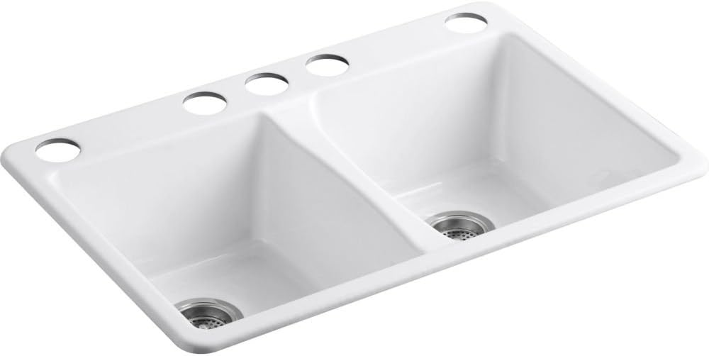 KOHLER 5873-5U-0 Deerfield 33' Undermount Kitchen Sink, Deep Double Bowl, 5-Hole, Easy Installation, White