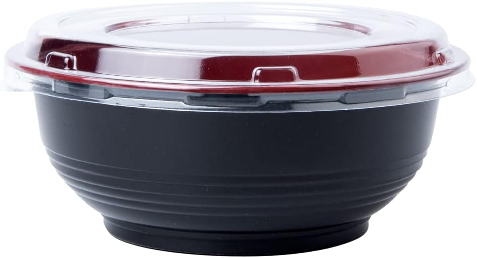 24 Ounce Food Containers, 200 Disposable Salad Bowls - Lids Included, Microwavable, Black And Red Plastic To Go Bowls, Asian Inspired, Perfect For Picnics, Or Take Outs - Restaurantware
