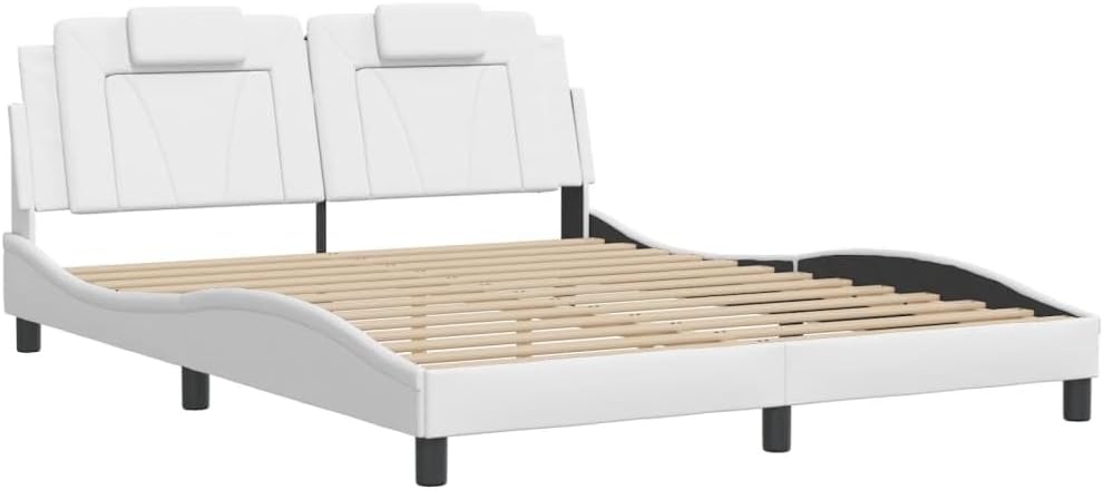 Viana Queen Bed Frame with Headboard, White Faux Leather Upholstered Platform Bed, 59.8'x79.9' Mattress Support, Durable Bedroom Furniture