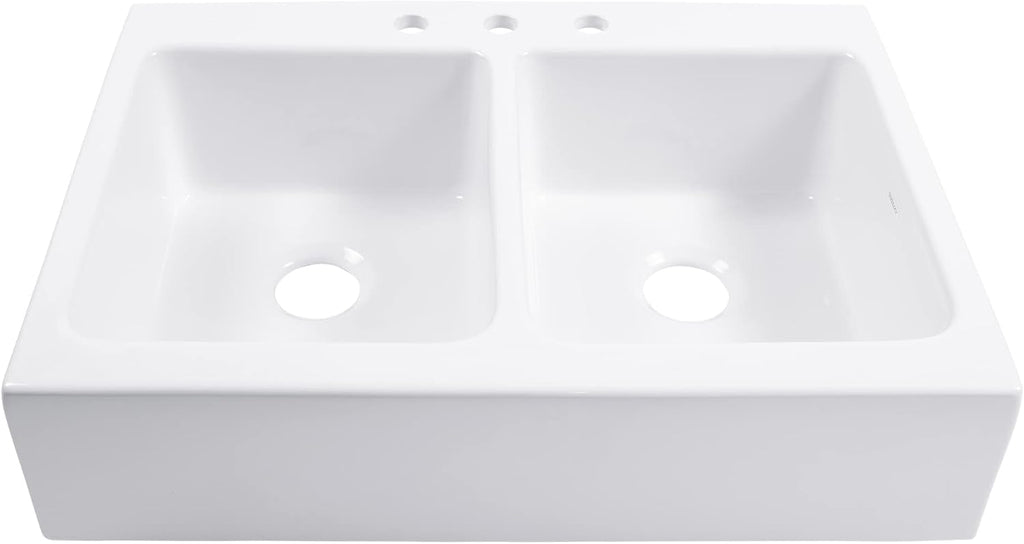Sinkology Parker 34 Inch Fireclay Farmhouse Kitchen Sink - White Apron Front Double Bowl - Quick-Fit Drop-In Install for 36 Inch Cabinet - SureFire Material - Sinkology Everyday Warranty