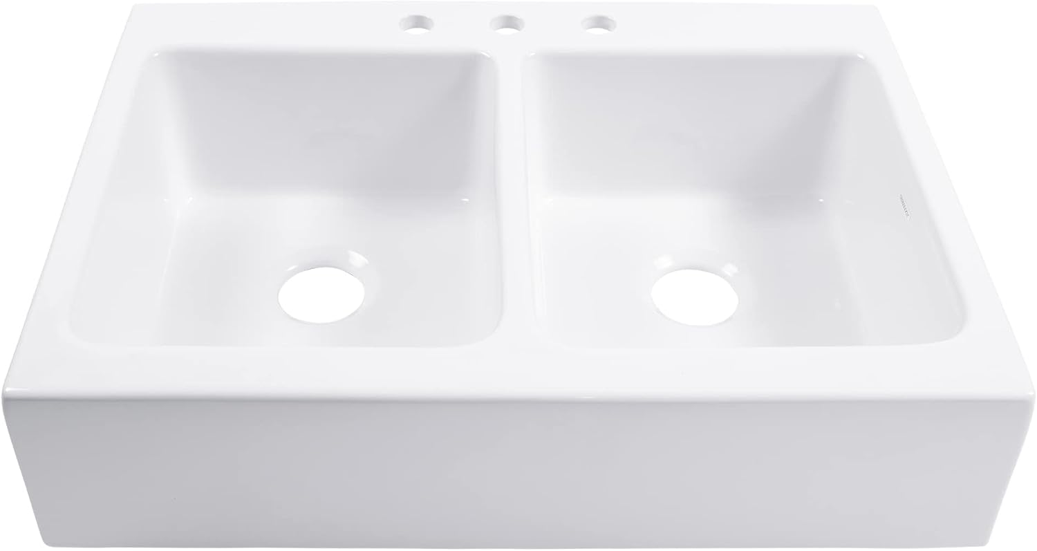 Sinkology Parker 34 Inch Fireclay Farmhouse Kitchen Sink - White Apron Front Double Bowl - Quick-Fit Drop-In Install for 36 Inch Cabinet - SureFire Material - Sinkology Everyday Warranty