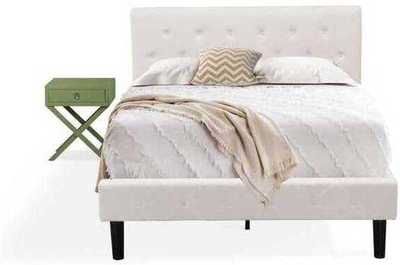 HomeStock African Artistry 2 Piece Bedroom Set - Button Tufted Platform Bed Frame - Velvet Fabric Upholstered Headboard and A Nightstand Full/Clover Green/White