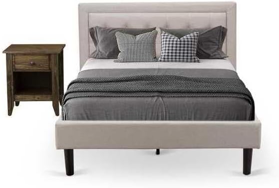 HomeStock Southwestern Sanctuary 2 Piece Platform Bedroom Set with 1 Wood Bed Frame and a Mid Century Modern Nightstand Reliable and Mist Beige Linen Fabric Full/Distressed Jacobean