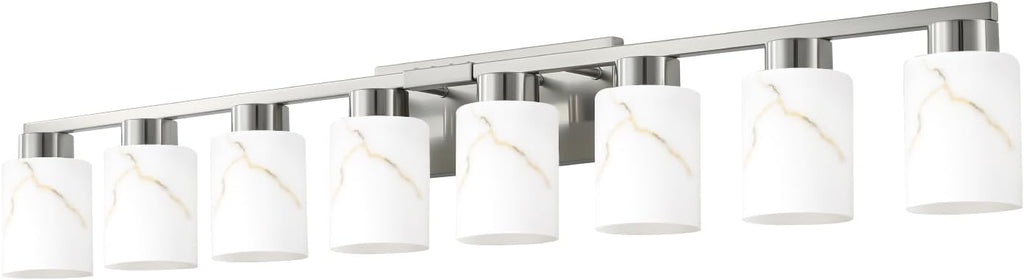 8-Light Bathroom Light Fixtures, Modern Vanity Lights, Brushed Nickel Metal Wall Lamp with White Marble Glass for Bathroom, Mirror, Living Room, Bedroom, Cabinet, Porch, Hallway, E26 Base