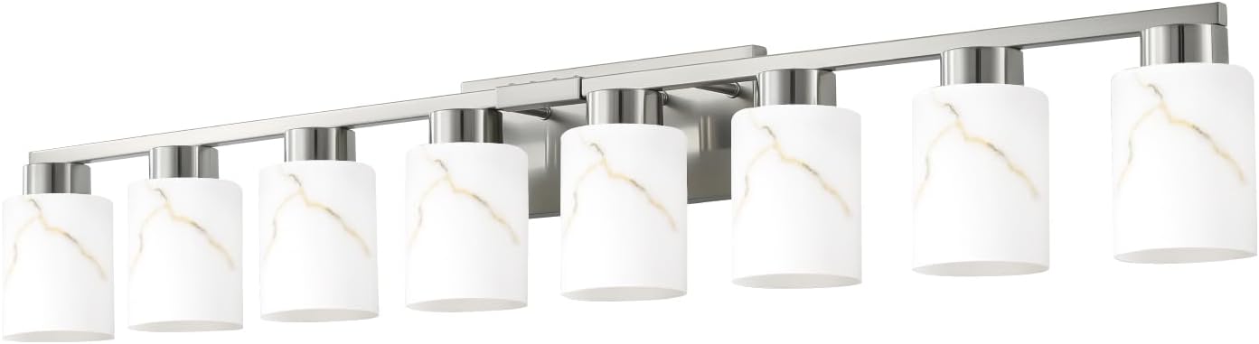 8-Light Bathroom Light Fixtures, Modern Vanity Lights, Brushed Nickel Metal Wall Lamp with White Marble Glass for Bathroom, Mirror, Living Room, Bedroom, Cabinet, Porch, Hallway, E26 Base