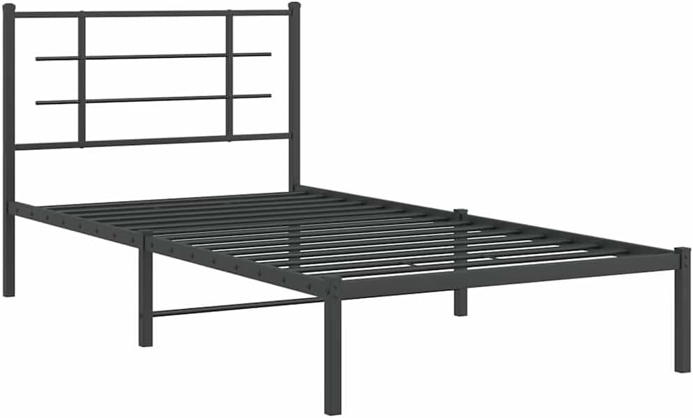Black Powder-Coated Steel Twin Modern Bed Frame with Headboard and Underbed Storage Space, Sturdy Metal Construction for Adult Bedrooms, Sleek Design and Comfortable Support