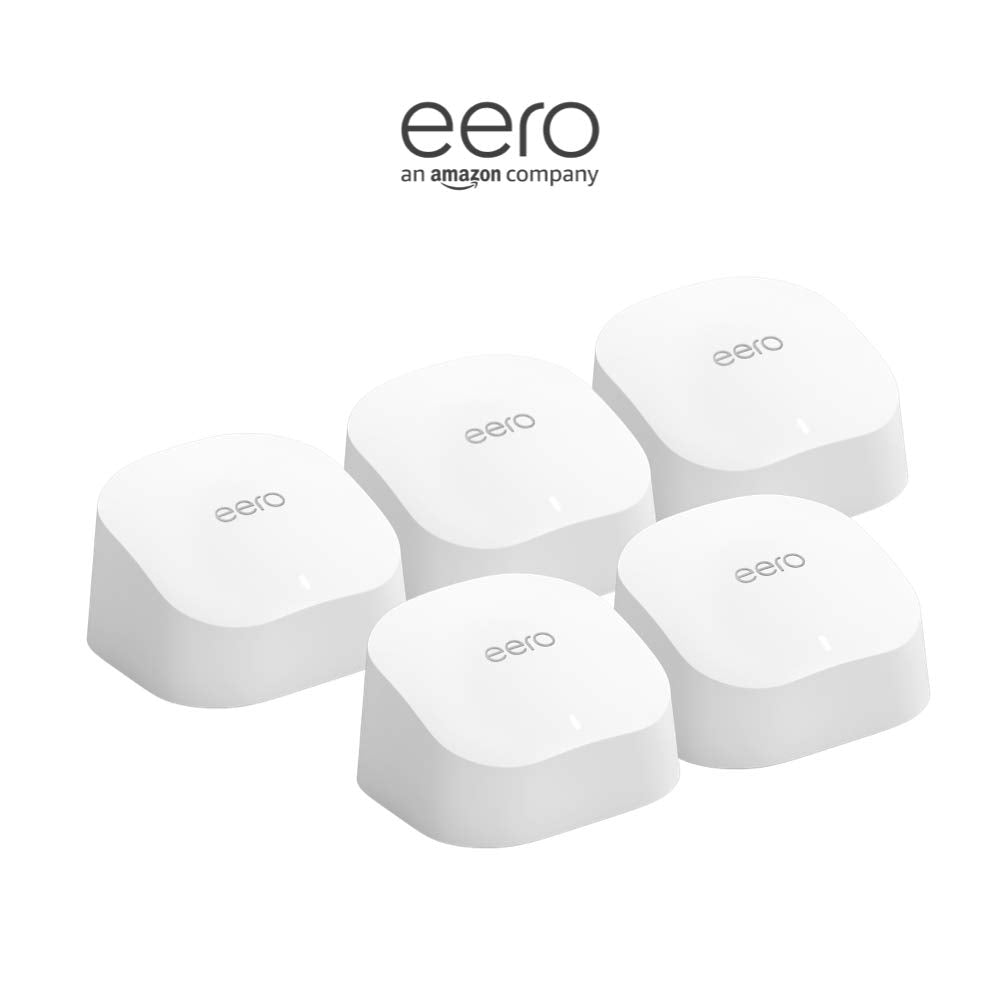 Amazon eero 6 mesh wifi system - Supports internet plans up to 500 Mbps, Coverage up to 5,000 sq. ft., Connect 75+ devices, 5-pack (3 routers + 2 extenders)