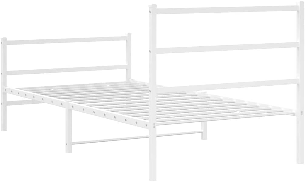 White Steel Twin Bed Frame with Headboard and Footboard, Modern Rectangular Design for Adults and Guests, Sturdy Powder-Coated Metal Construction, Ample Underbed Storage