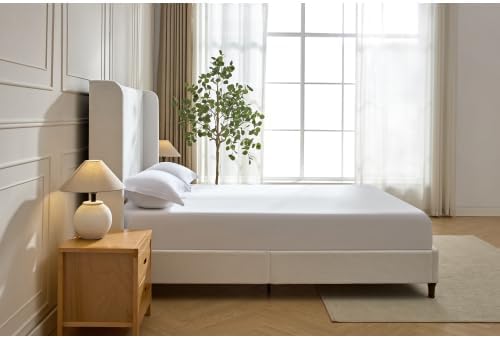 Queen Size Bed Frame with Headboard,54' Headboard Chenille Upholstered Platform Bed,Bedroom Furniture Sets No Springs Required,Metal Bed Frame with Wooden Slats for Strong Support,Cream White