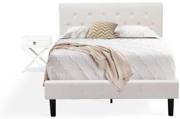 HomeStock African Artistry 2 Piece Bedroom Set - Button Tufted Platform Bed Frame - Velvet Fabric Upholstered Headboard and A Nightstand Full/Linen White/White