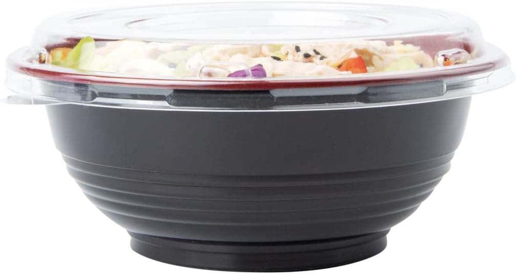 Restaurantware 18 Ounce Food Containers 200 Disposable Salad Bowls - Lids Included Microwavable Black And Red Plastic To Go Bowls Asian Inspired Perfect For Picnics Or Take Outs