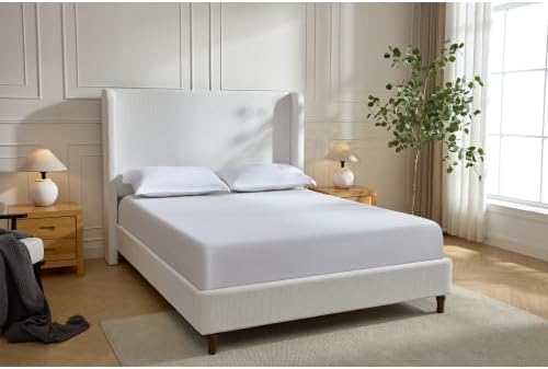 Queen Size Bed Frame with Headboard,54' Headboard Chenille Upholstered Platform Bed,Bedroom Furniture Sets No Springs Required,Metal Bed Frame with Wooden Slats for Strong Support,Cream White