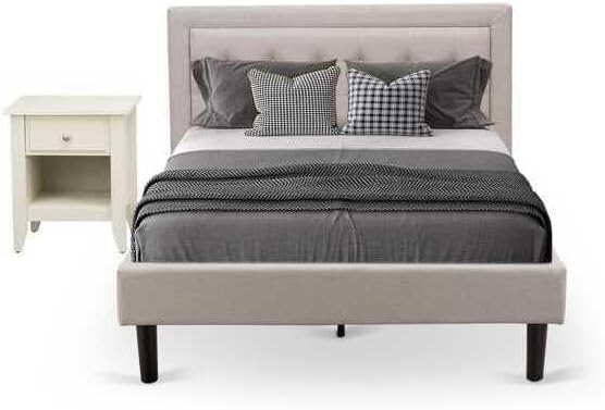 HomeStock Southwestern Sanctuary 2 Piece Platform Bedroom Set with 1 Wood Bed Frame and a Mid Century Modern Nightstand Reliable and Mist Beige Linen Fabric White/Full