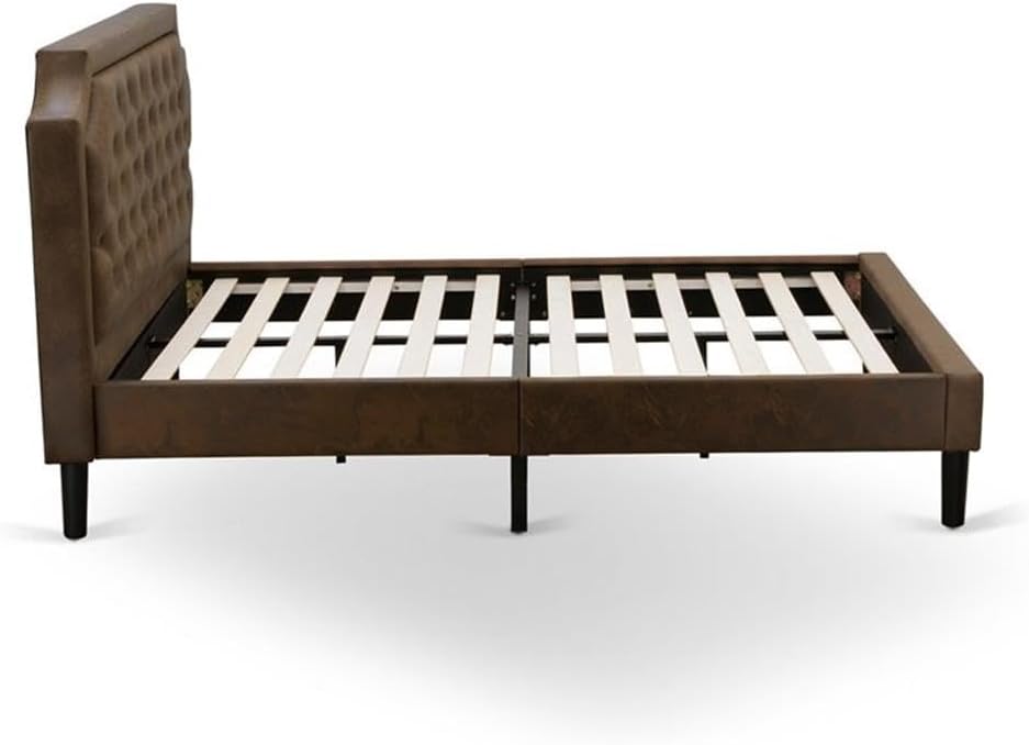 East West Furniture GB25Q-1VL06 2-Piece Granbury Queen Bedroom Set with Button Tufted Platform Bed and 1 Wire brushed Black End Tables - Dark Brown faux Leather with Black Texture and Black Legs