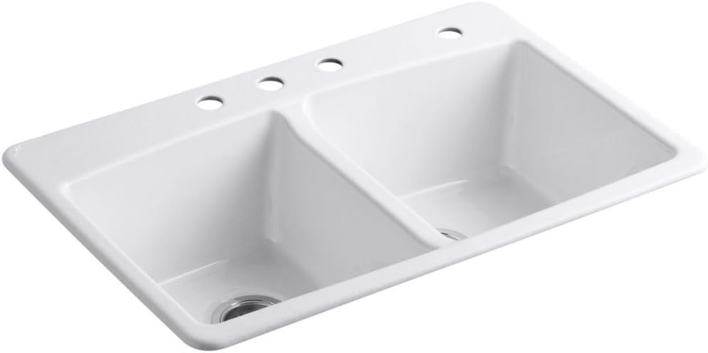 Kohler K-5846-4-0 Brookfield Top-Mount Double-Equal Bowl Kitchen Sink with 4 Faucet Holes, White, 1.44