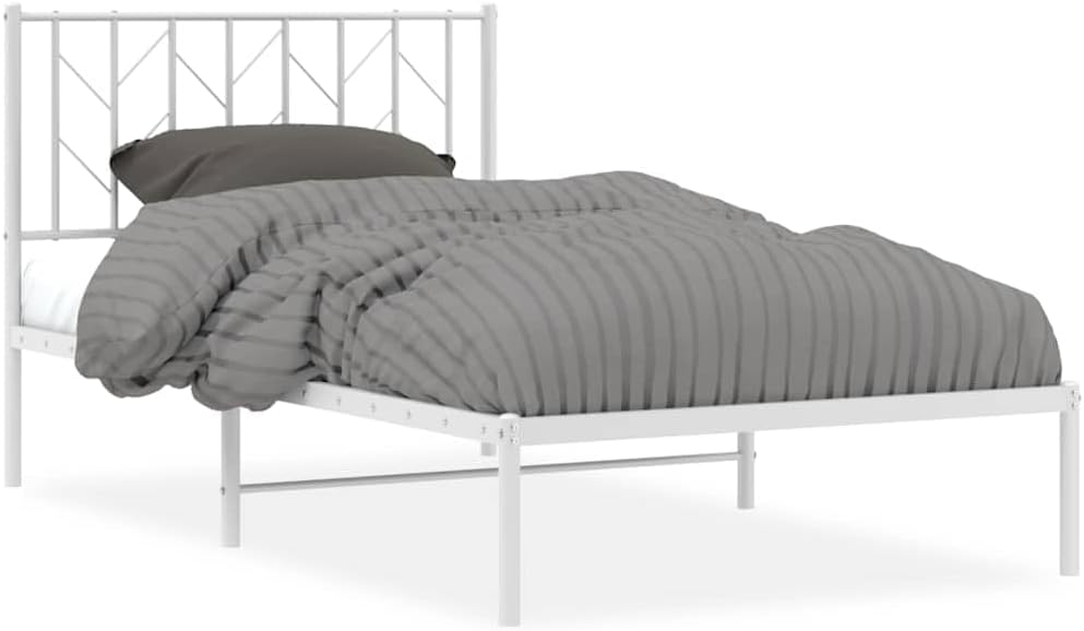 White Steel Single Bed Frame with Headboard Twin Size Metal Bed Frame Rectangular for Bedroom Sturdy Construction Sleek Finish Easy Assembly