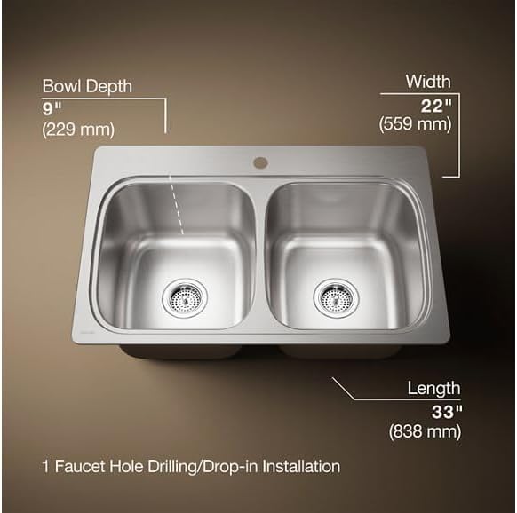 KOHLER 5267-1-NA Verse 33' Kitchen Sink Drop In Top-Mount Double-Bowl, Stainless Steel, 1 Faucet Hole, Durable and Easy-to-Clean Design, 33x22 Drop In Kitchen Sink