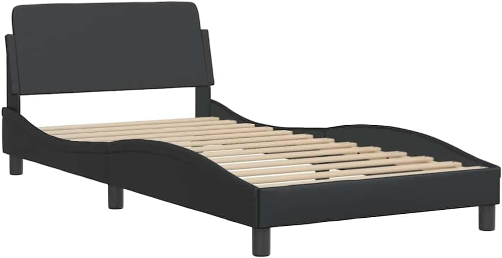 Modern Twin Bed Frame with Headboard in Black Faux Leather, Engineered Wood and Metal Construction, Featuring Hidden Storage Compartment for Organization and Durable Sleek