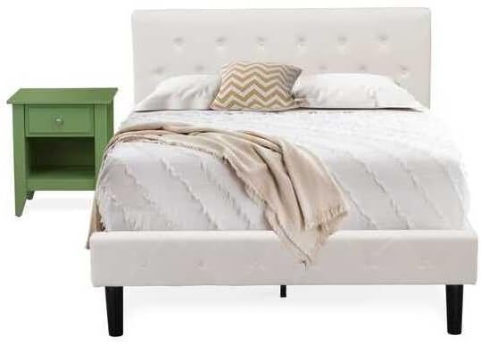 HomeStock Rustic Recluse 2 Piece Bedroom Set - Size Button Tufted Bed - Velvet Upholstered Headboard and A Nightstand Full/Clover Green/White