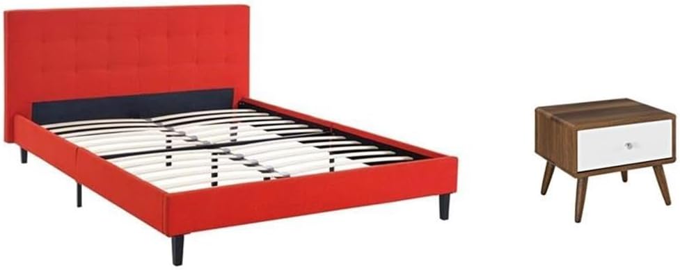 Pemberly Row Set of 2 Full Bed in Atomic Red and Nightstand in Walnut/White