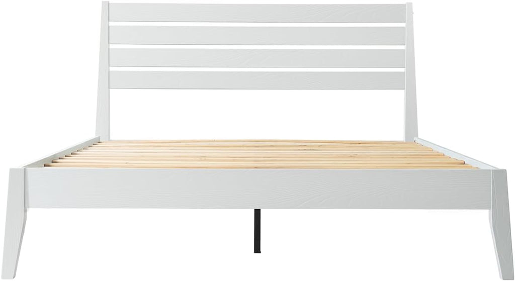 Full Size Solid Wood Platform Bed Frame with Headboard and Footboard, 12 Sturdy Slats, Center Metal Legs, Easy Assembly, No Box Spring Needed, Anti-Noise & Slip-Free Design, Pure White Finish. RKF-39