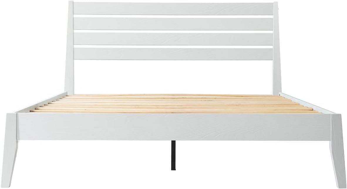 Full Size Solid Wood Platform Bed Frame with Headboard and Footboard, 12 Sturdy Slats, Center Metal Legs, Easy Assembly, No Box Spring Needed, Anti-Noise & Slip-Free Design, Pure White Finish. RKF-39