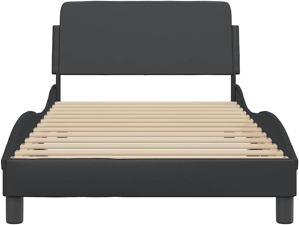 Modern Twin Bed Frame with Headboard in Black Faux Leather, Engineered Wood and Metal Construction, Featuring Hidden Storage Compartment for Organization and Durable Sleek