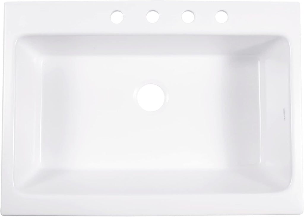Sinkology Parker 34 Inch White Fireclay Quick-Fit Drop-In Kitchen Sink, Single Bowl, 4 Faucet Holes, Apron Front, Undermount Installation, Fits 36 Inch Cabinet, Surefire Finish